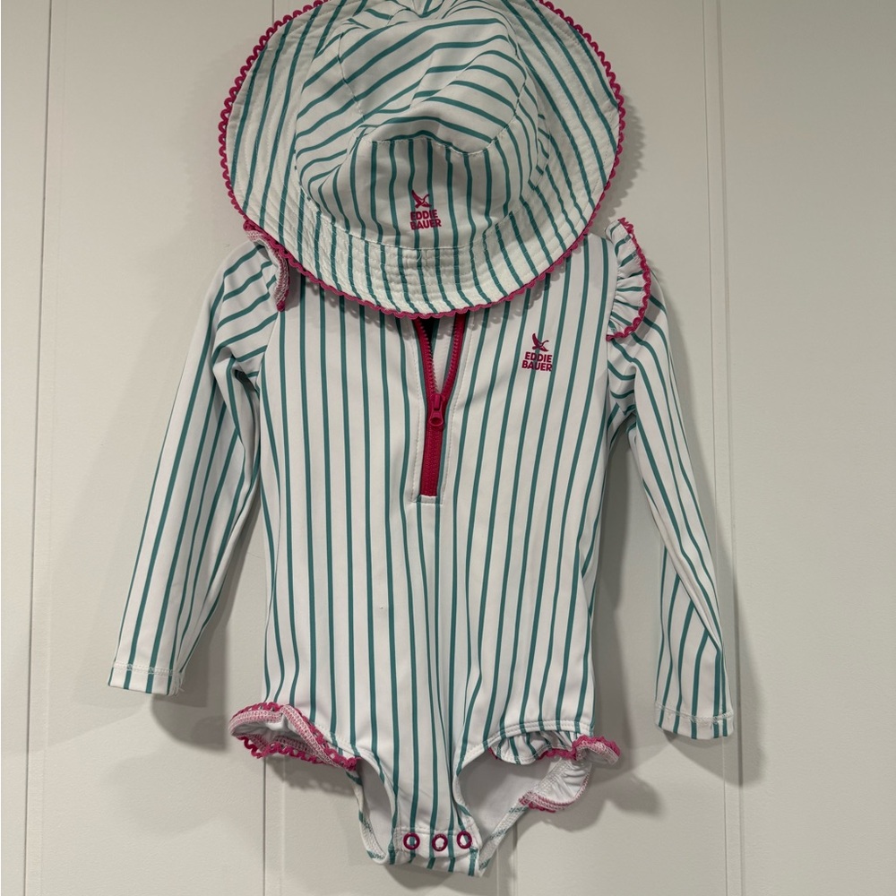 Eddie Bauer Kids Teal and Pink Striped Swimsuit with hat
